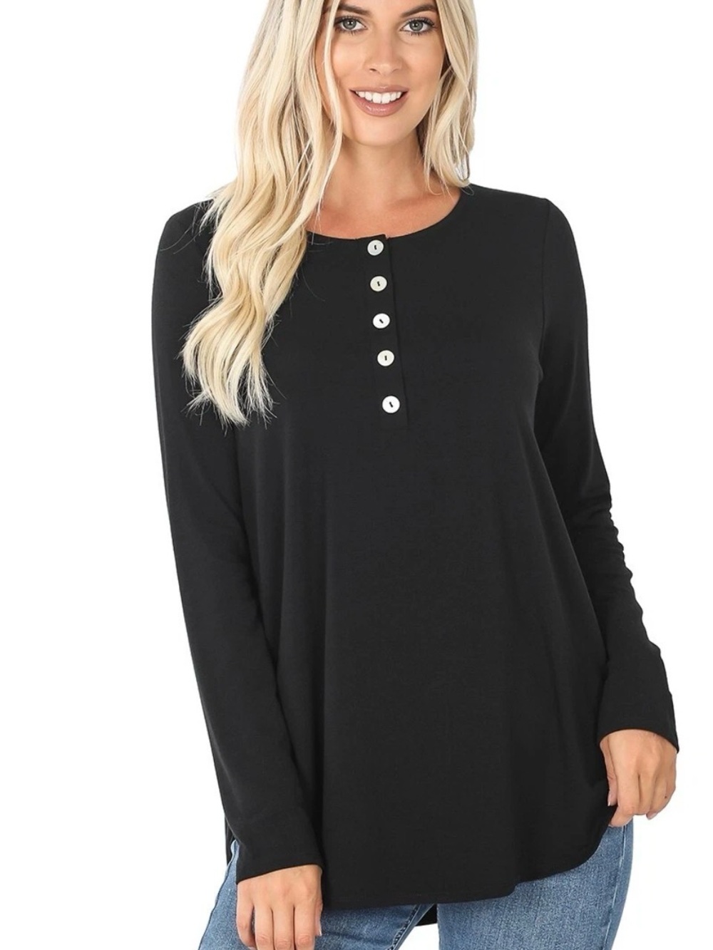 Zenana Outfitters Black Long Sleeve Henley Style Tunic Top Size Unknown